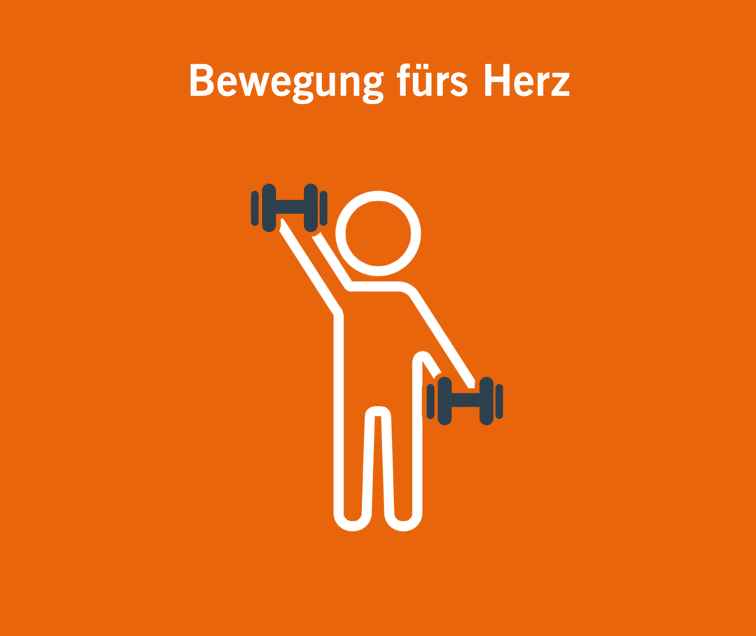 Illustration zeigt eine Person, die zwei Kurzhanteln in den Händen hält. Darüber steht geschrieben: Bewegung fürs Herz.