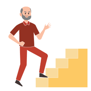 Eine grafische Illustration zeigt einen treppensteigenden Mann mit NYHA-Stadium 3, bei dem die körperlichen Einschränkungen noch stärker ausgeprägt sind und auch bei leichten körperlichen Aktivitäten auftreten.