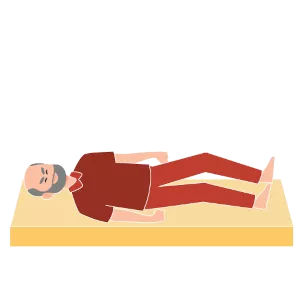 Eine grafische Illustration zeigt einen Mann mit NYHA-Stadium 4, der auf einer Matratze liegt. Bei ihm sind die körperlichen Einschränkungen sehr stark ausgeprägt und treten auch in Ruhe auf.