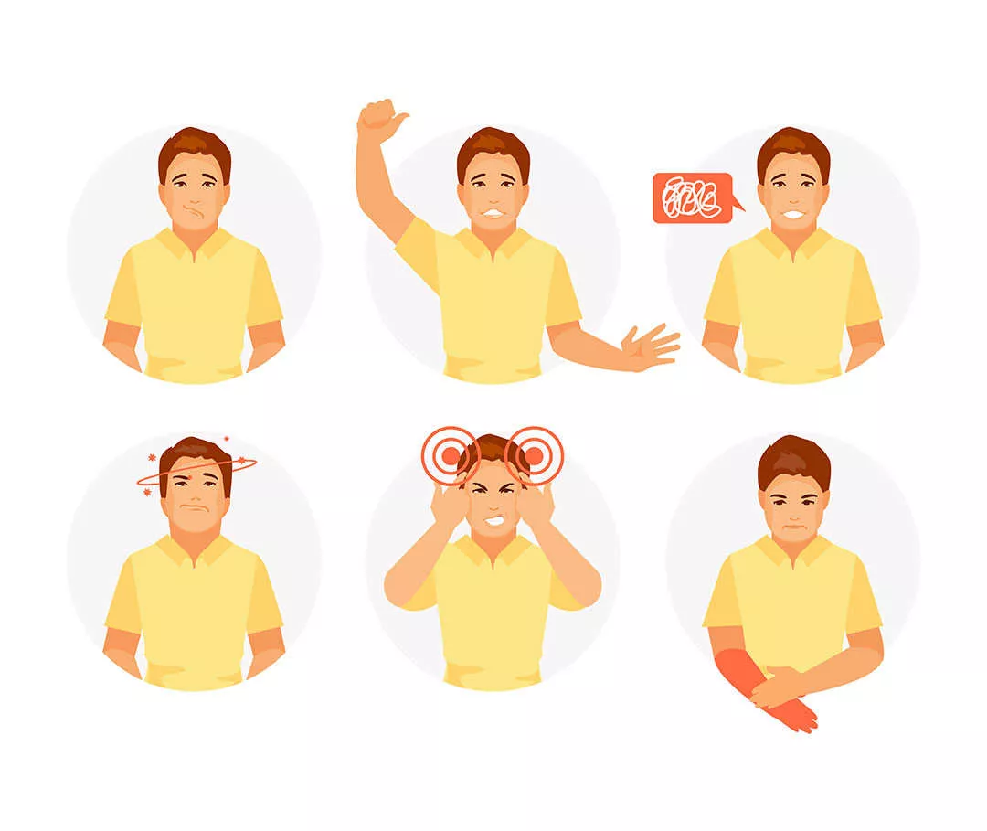 Infografik zeigt verschiedene Symptome eines Schlaganfalls.