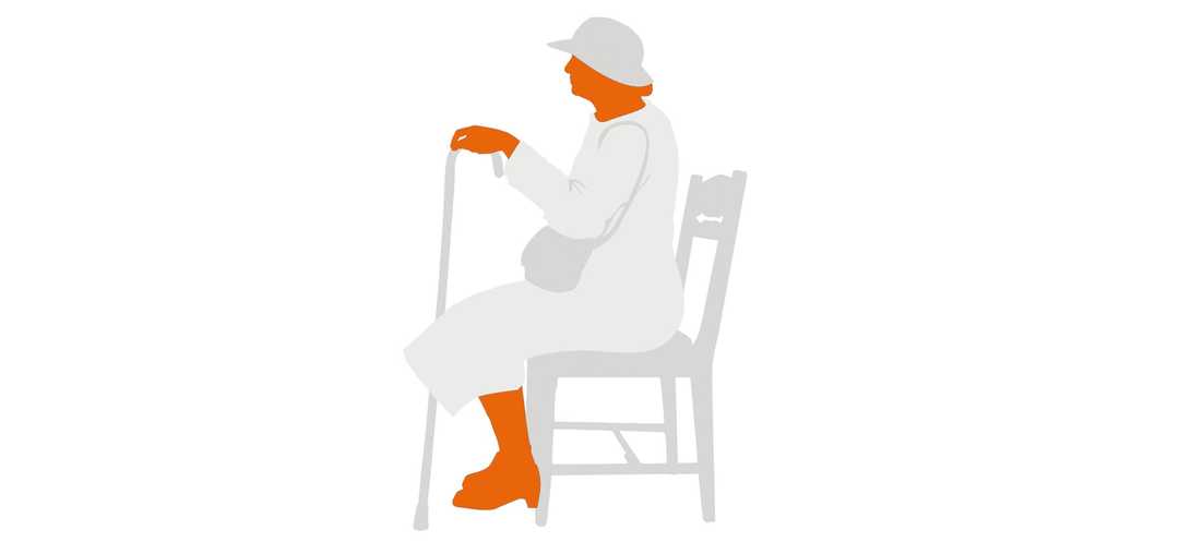 Die Grafik zeigt die stilisierte Silhouette einer älteren Dame mit Stock, die sich auf einem Stuhl ausruht.