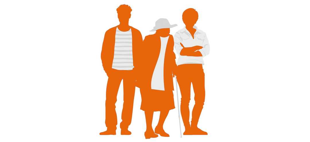 Herzschwäche: Nicht nur eine Erkrankung im hohen Alter  Die Grafik zeigt die Silhouette von drei unterschiedlich alten Personen. Die ältere Dame am Stock stützt sich auf einen Stock.
