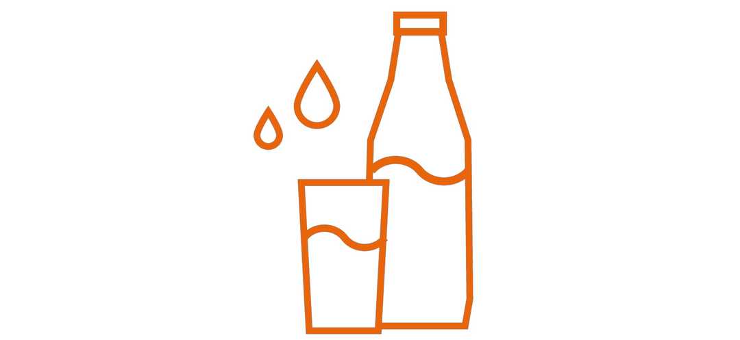 Die Grafik zeigt eine Flasche, ein Glas und zwei Tropfen.