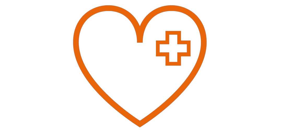 Die Grafik zeigt ein stilisiertes Herz mit einem Ambulanzkreuz oben rechts