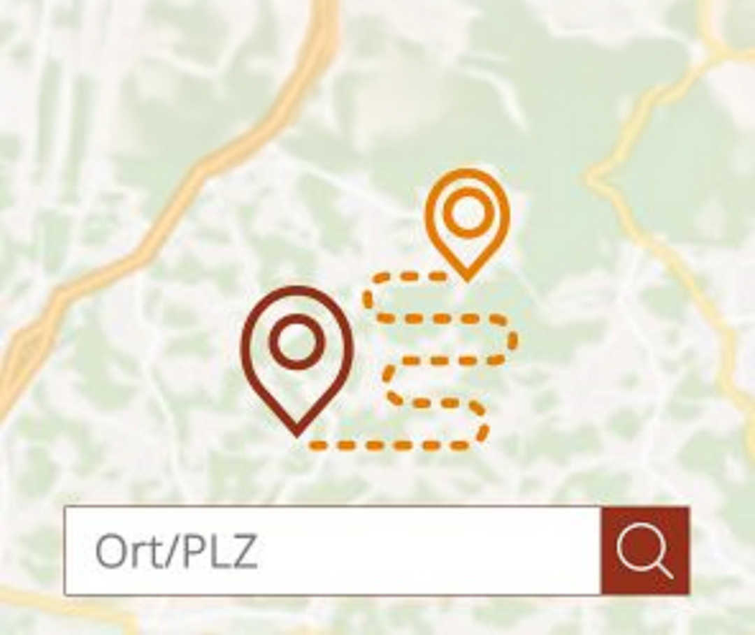 Kardiologenfinder: Eine Karte zeigt Start- und Ausgangspunkt einer Route, die mit einer Linie auf der Karte zu sehen ist. Auf der Karte ist ein Suchfeld mit den Worten Ort und PLZ zu sehen.